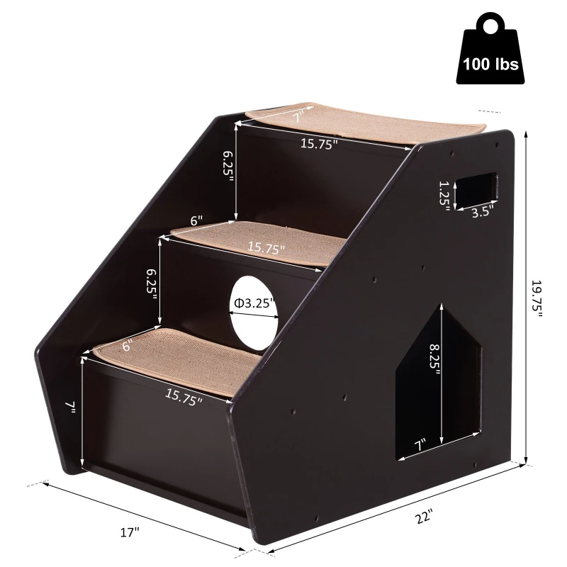 PawHut 3-Step Pet Stairs for Dogs and Cats with Built-in House and Nonslip Carpet, Brown