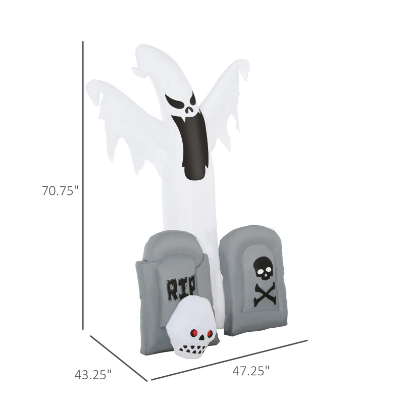 HOMCOM 6ft Tall Halloween Inflatable White Ghost With Double Tombstone Light Up Yard Decoration with LED Light and Fan
