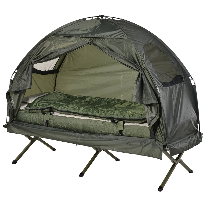 Open Box Outsunny Portable Camping Cot Tent with Air Mattress, Sleeping Bag, and Pillow