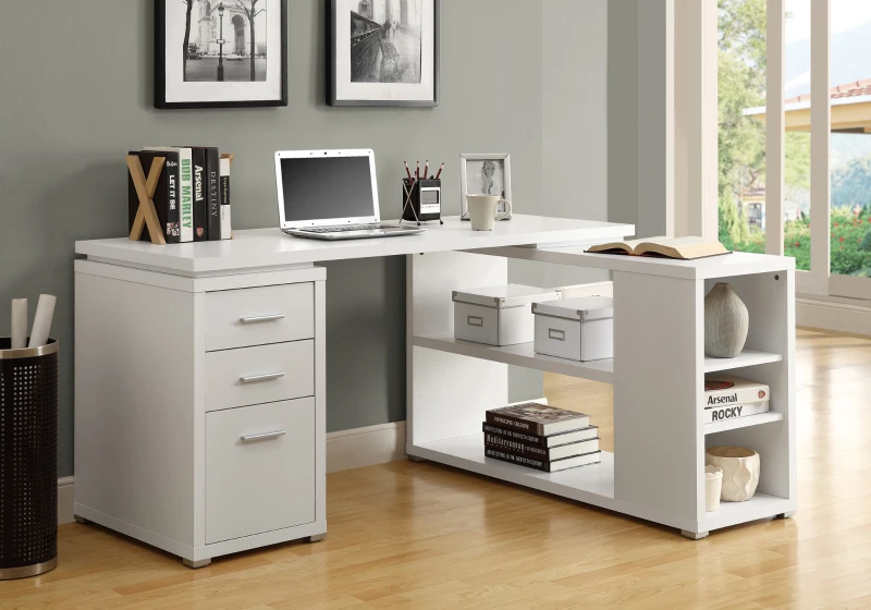 Monarch Contemporary Hollow-Core Adjustable L-Shaped Computer Desk with Storage Shelves and Drawers - White