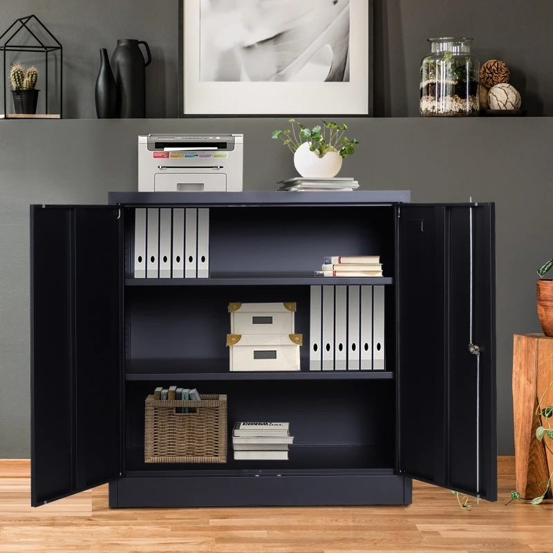 HomCom 36" Counter Height Metal Locking Storage Cabinet with 2 Adjustable Shelves - Black