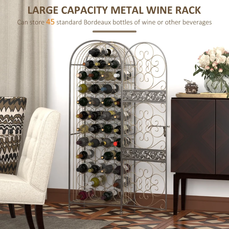 HOMCOM 45 Bottle Wrought Iron Lockable Industrial Free Standing Wine Rack Jail, Antique Bronze