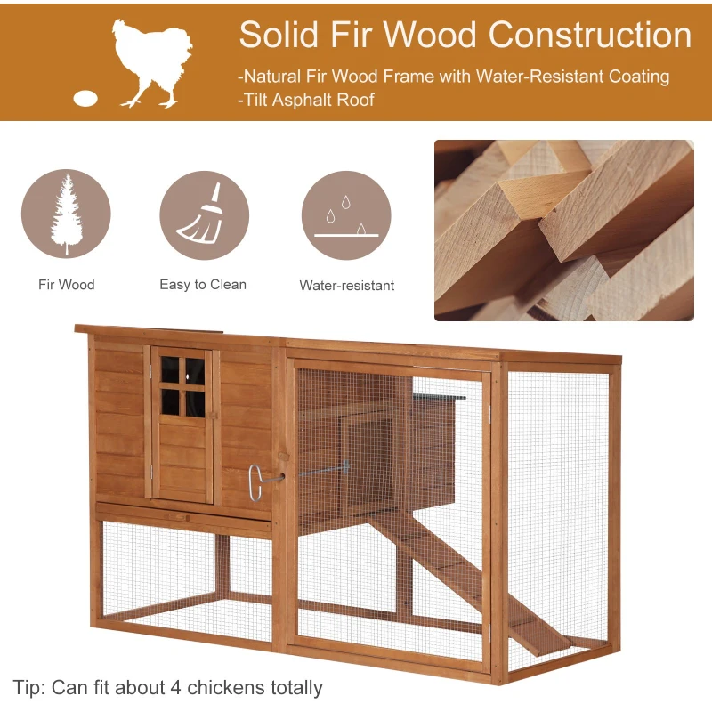 PawHut 64" Large Wooden Chicken Coop Kit with Outdoor Run and Nesting Box