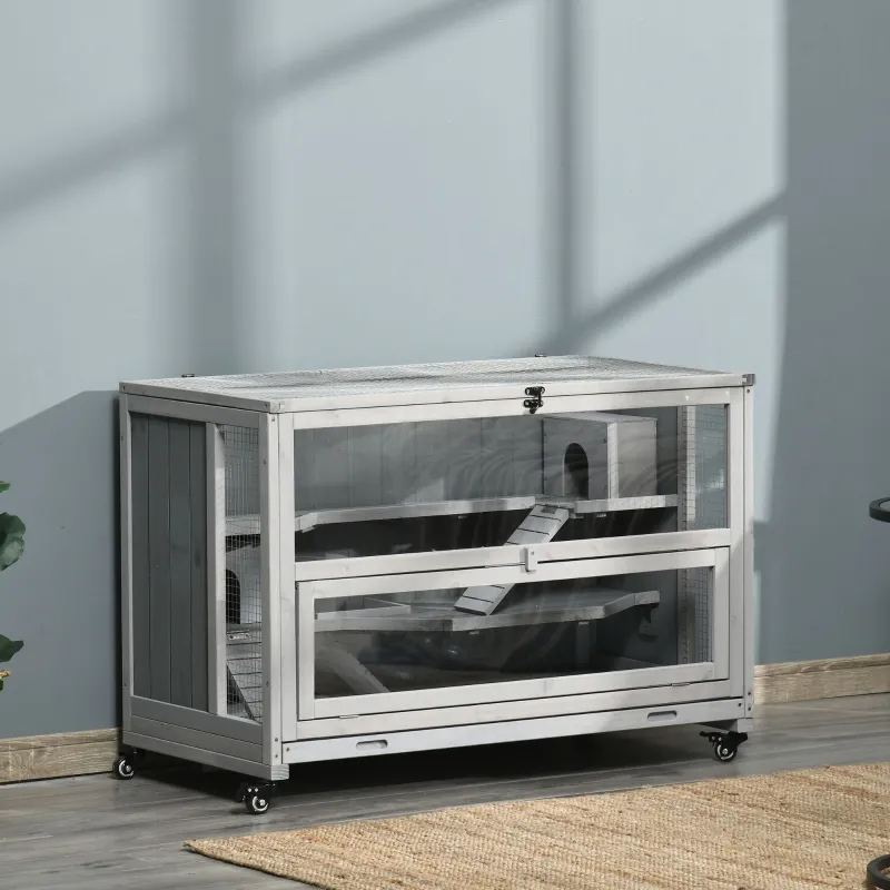 PawHut 3-Tier Wooden Hamster Cage, Small Animals Hutch with Ladders, Light Grey