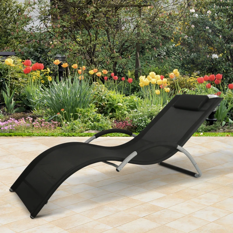 Outsunny Aluminum Mesh Fabric Outdoor Chaise Sun Bathing Lounge Chair - Black