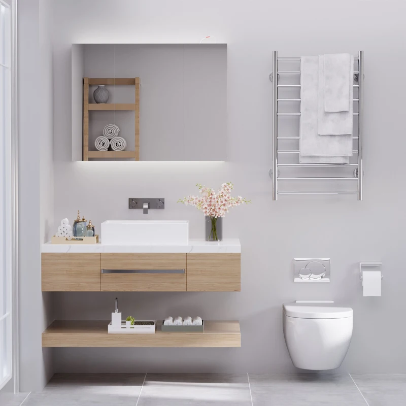 Kleankin 36" x 24" Triple Door LED Bathroom Mirror Medicine Cabinet - White Oak