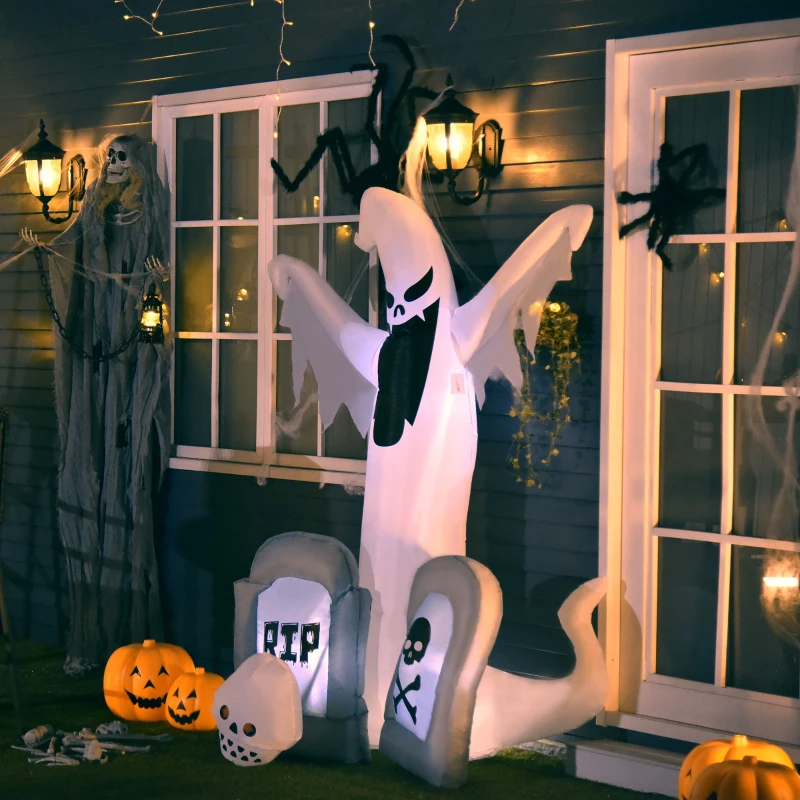 HOMCOM 6ft Tall Halloween Inflatable White Ghost With Double Tombstone Light Up Yard Decoration with LED Light and Fan
