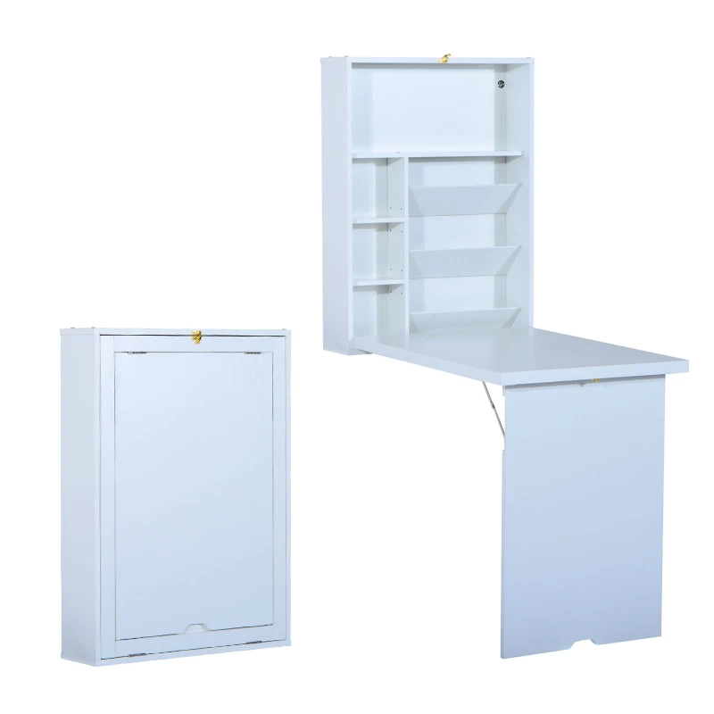 HomCom Wall Mounted Folding Table Computer Desk with Bookshelf Home Office Convertible Folding Storage Writing Table - White