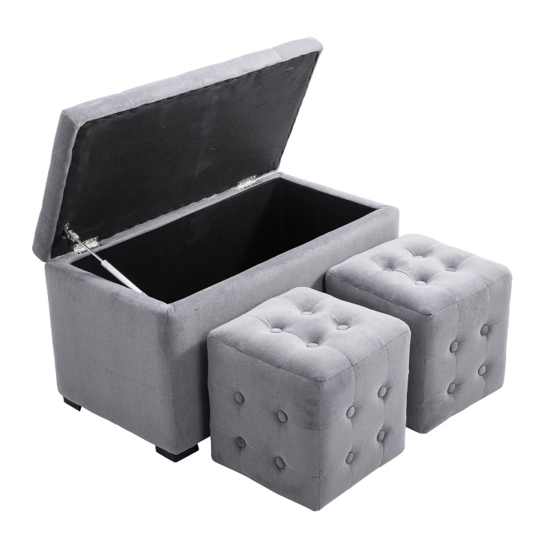 HomCom 3 Piece Microfiber Tufted Storage Bench and Nesting Ottoman Set - Grey