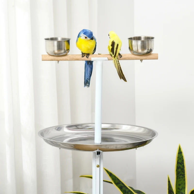 PawHut Rolling Parrot Stand with Lightweight Design, Metal Bird Stand with Wheels, Wooden Parrot Perch Stand, Stainless Steel Bird Food Bowls, Pure White