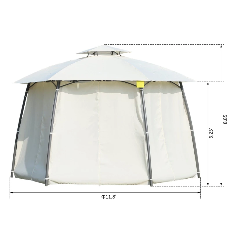 Outsunny 12' x 9' Steel Outdoor Hexagon Gazebo Pavilion Canopy Tent with Curtains - Cream White