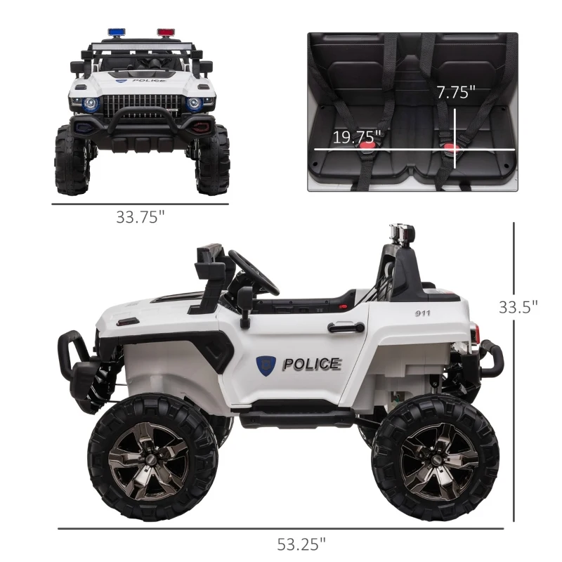 Aosom 12V Ride On Car 2- Seat Police Truck w/ Remote Control & 3 Speeds & LED Light Bar and Audio Input - White