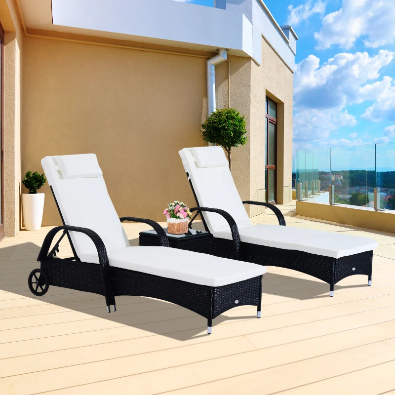 Outsunny 3PC Wheeled Patio Rattan Lounge Set Adjustable Reclining Chaise w/ Side Table - Black