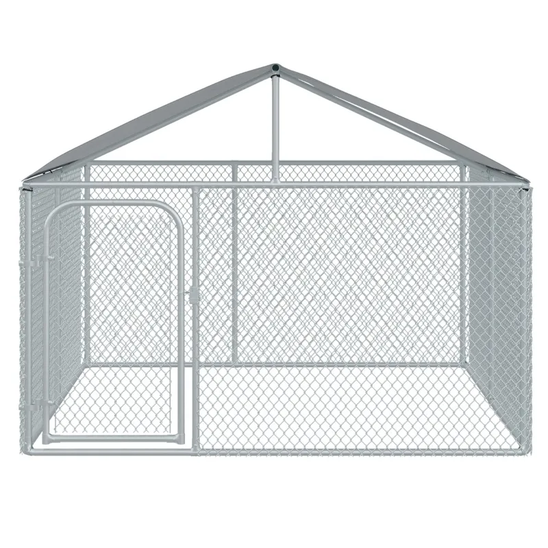 PawHut Large Outdoor Dog Kennel Galvanized Steel Chain Link Fence with Oxford Cloth Roof and Lock - Silver