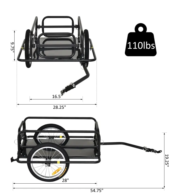 Aosom Camping Cart Outdoor Wanderer Folding Bicycle Storage Cart Cargo and Luggage Trailer with Hitch - Black