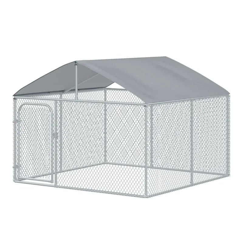 PawHut Large Outdoor Dog Kennel Galvanized Steel Chain Link Fence with Oxford Cloth Roof and Lock - Silver