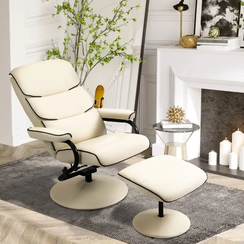HOMCOM PU Leather High Back Recliner Armchair w/ Padded Ottoman, Cream White