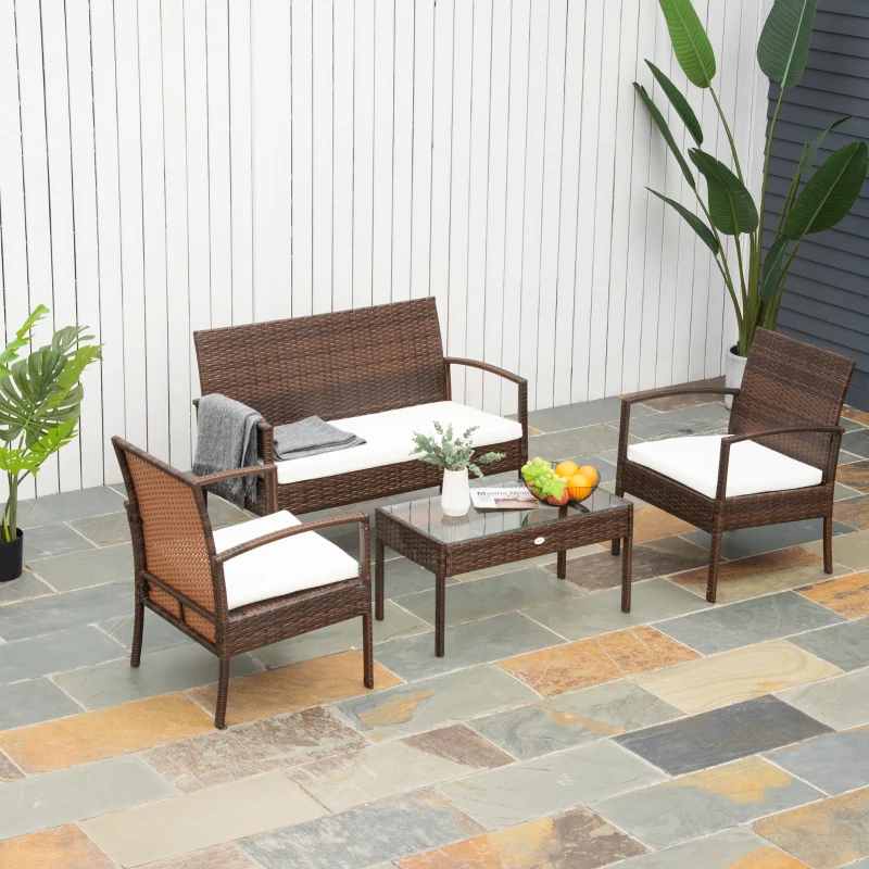 Outsunny 4-Piece Outdoor Patio Furniture Set, Weather-Resistant Armchair & Loveseat Conversation Set, Ideal for Garden, Backyard Gathering
