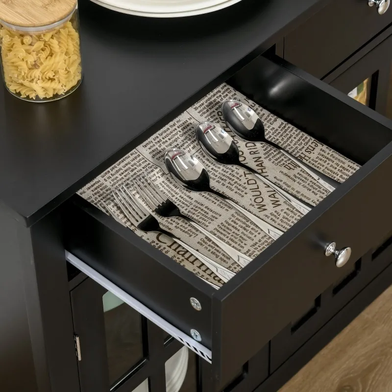 HOMCOM Sideboard Buffet Cabinet, Storage Cupboard with Glass Doors, Adjustable Shelf and 2 Drawers for Kitchen, Black