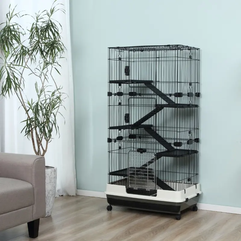 PawHut 32" 5-level Indoor Rabbit Enclosure Small Animal Hutch - Black