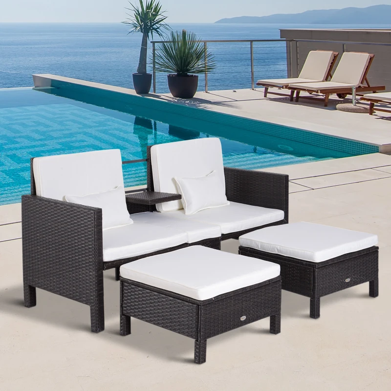 Outsunny 3 Piece Loveseat and Nested Ottoman Outdoor Furniture Set with Adjustable Armrest