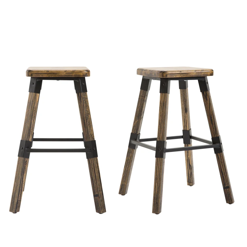 HOMCOM 26"H Rustic Industrial Tall Bar Height Square Wood Top Stool Armless Chair Seat