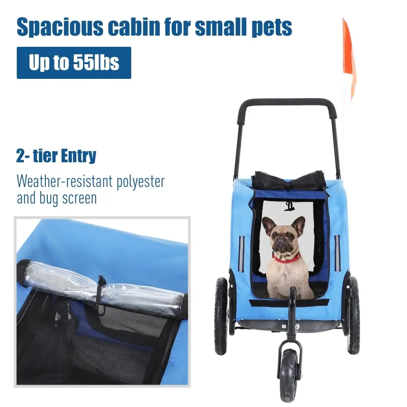 Aosom 3 Wheeled Cruiser Bike Trailer 2-in-1 Pet Jogging Stroller for Pets - Blue/ Grey
