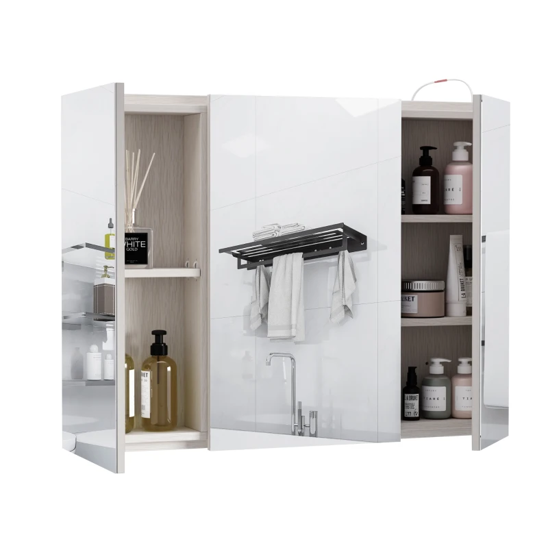 Kleankin 36" x 24" Triple Door LED Bathroom Mirror Medicine Cabinet - White Oak