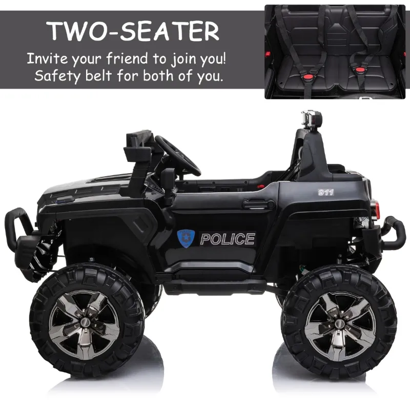 Aosom 12V Ride On Car 2-Seat Police Truck w/ Remote Control & 3 Speeds & LED Light Bar and Audio Input - Black