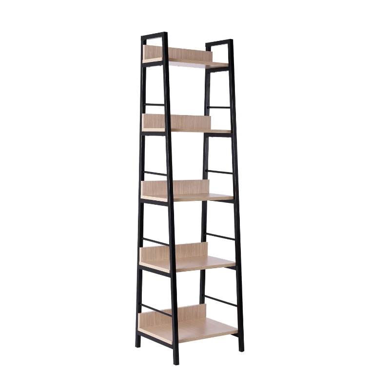 HomCom 5-Shelf Modern Ladder Bookcase - Golden Oak/Black