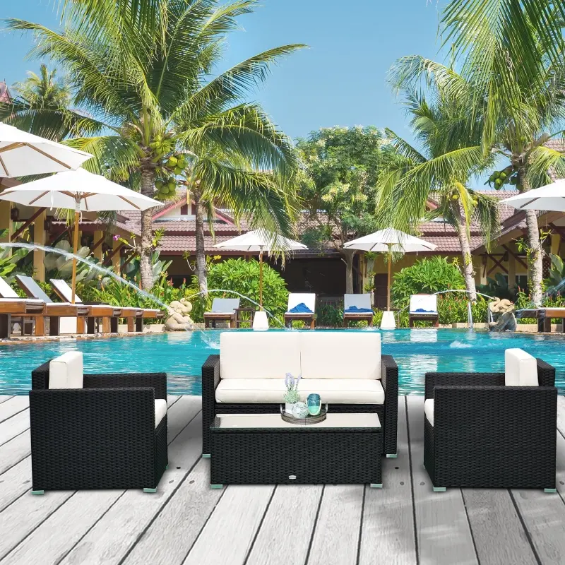 Outsunny 4-Piece Cushioned Patio Rattan Wicker Furniture Set with 2 Chairs, Sectional and Glass Coffee Table - Black