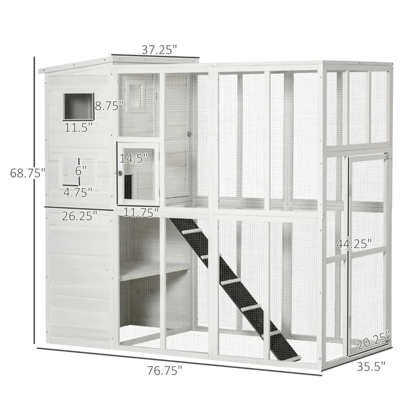 PawHut Wooden Cat Home Enclosure Pet House Shelter Cage Outdoor Play Area Run, White