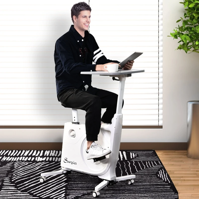 Soozier 2-in-1 Stationary Exercise Bike and Tabletop Workstation with LCD Monitor  White