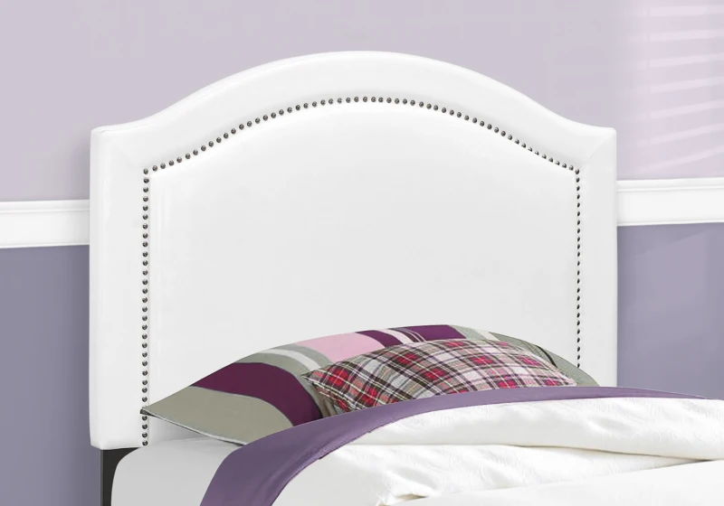 Monarch Twin Size Contemporary Upholstered Bed Frame with Chrome Nail Head Trim and Wood Legs - White Leather Look