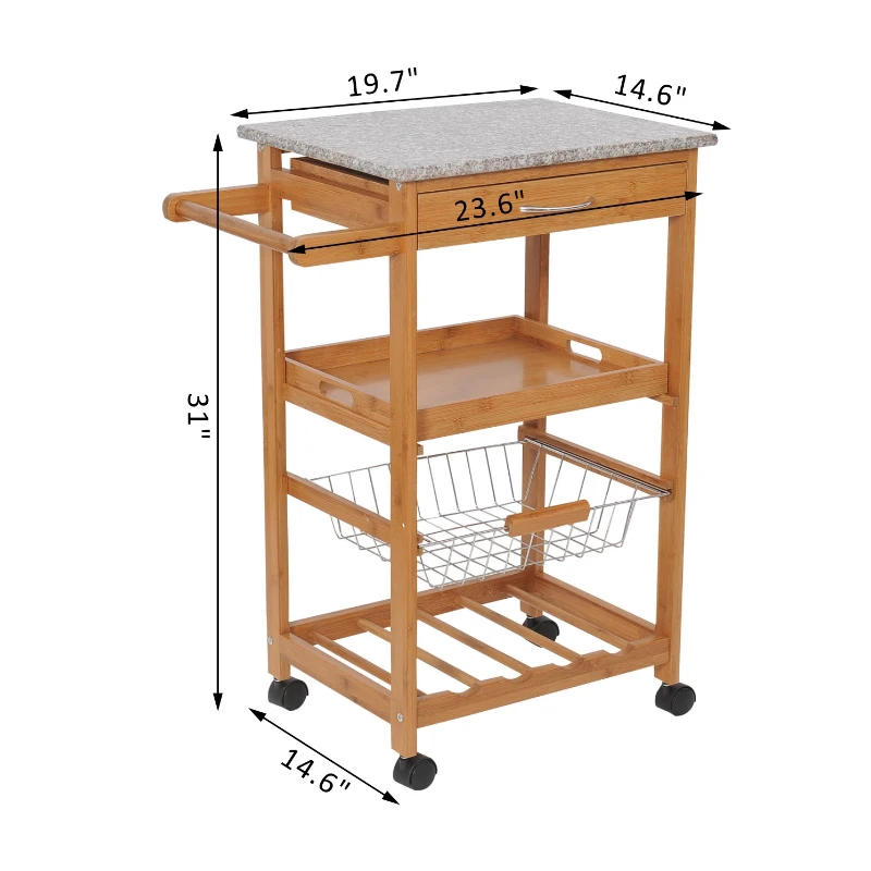HomCom 31" Wooden Kitchen Island Rolling Storage Cart Dining Food Service Cabinet Trolley With Granite Top and Wine Rack