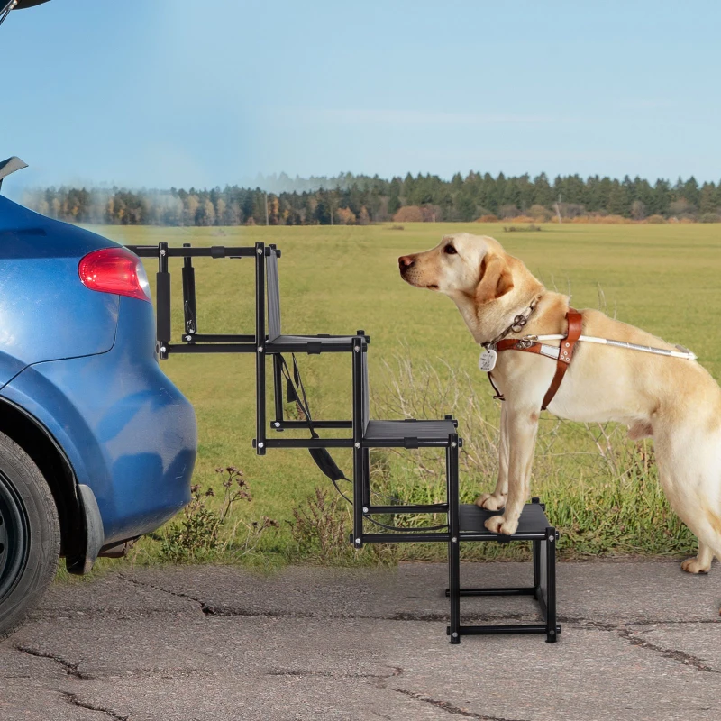 PawHut 30" 4-Step Metal Frame Oxford Fabric Folding Portable Pet Stairs for Dogs