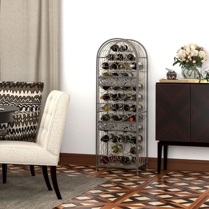 HOMCOM 45 Bottle Wrought Iron Lockable Industrial Free Standing Wine Rack Jail, Antique Bronze