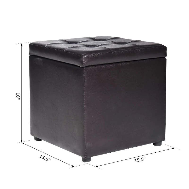HomCom 16" Cube Faux Leather Tufted Ottoman Storage Footrest Seat - Black