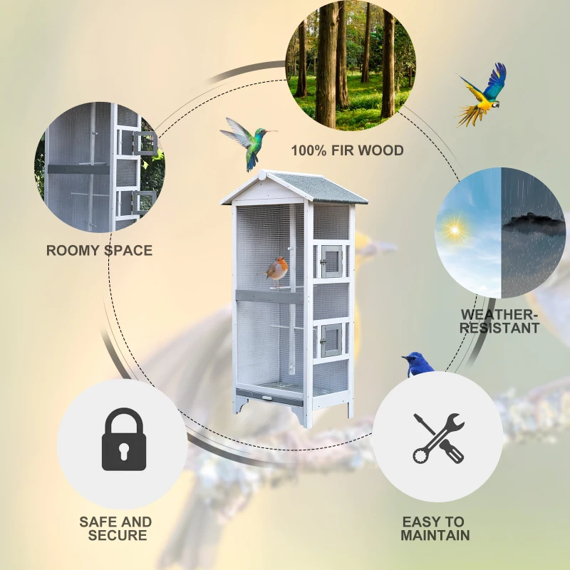 PawHut Outdoor Wooden Aviary Bird Cage Large Play House w/ Removable Bottom Tray - Grey