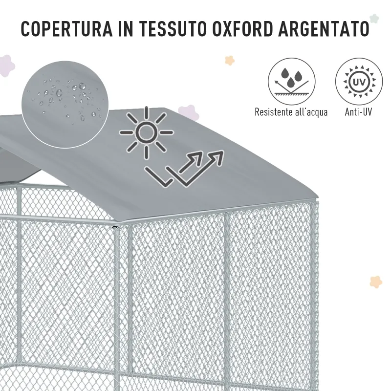 PawHut Large Outdoor Dog Kennel Galvanized Steel Chain Link Fence with Oxford Cloth Roof and Lock - Silver