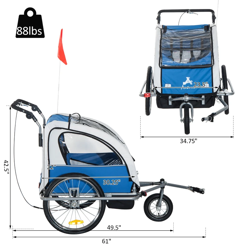 Aosom Elite Double Baby Bike Trailer Stroller Child Bicycle Jogger Swivel Wheel - Blue and Gray