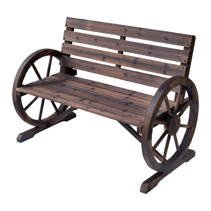 Outsunny Rustic Wooden Outdoor Garden Chair Patio Wagon Wheel Bench Seat