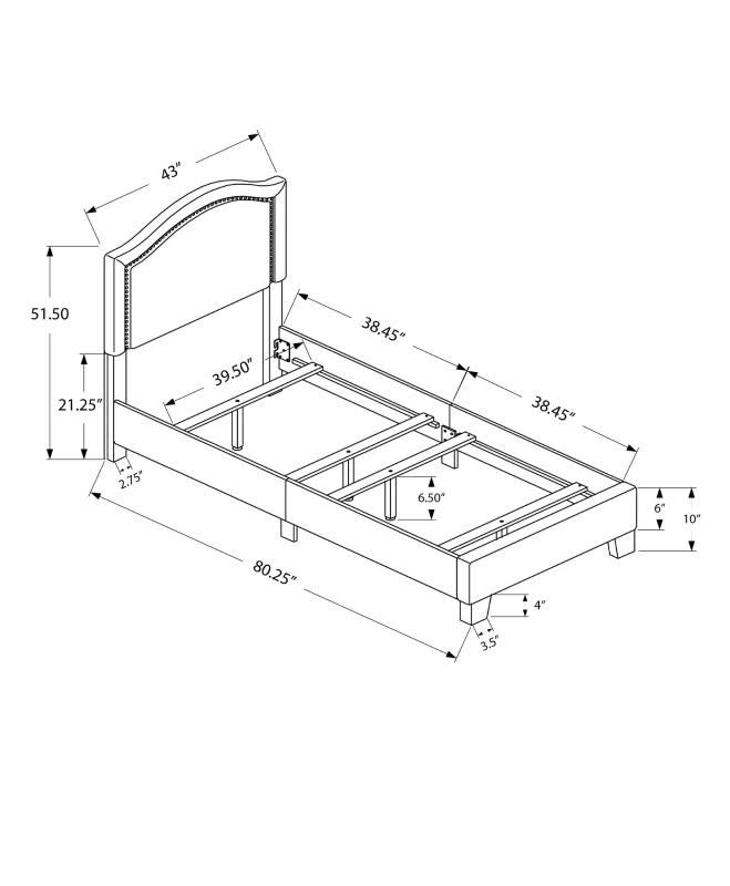 Monarch Twin Size Contemporary Upholstered Bed Frame with Chrome Nail Head Trim and Wood Legs - White Leather Look