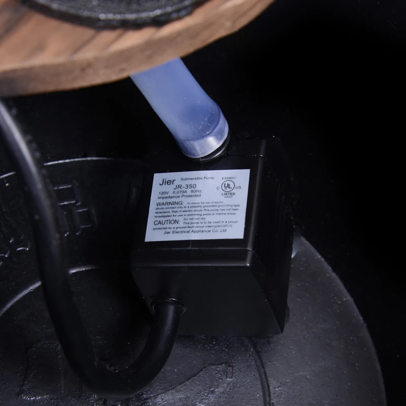 Outsunny Barrel Water Fountain Wood Metal Rustic Outdoor Apple Garden Decor Pump with Flower Planter