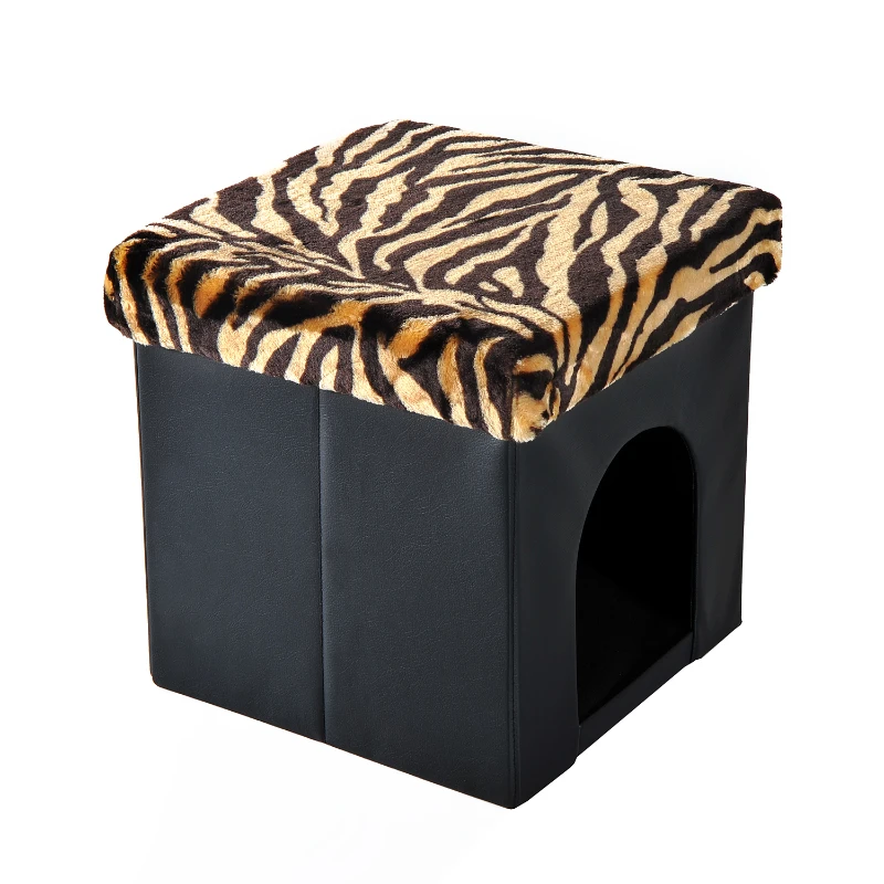 HomCom 15” Foldable Storage Ottoman - Black w/ Tiger Print