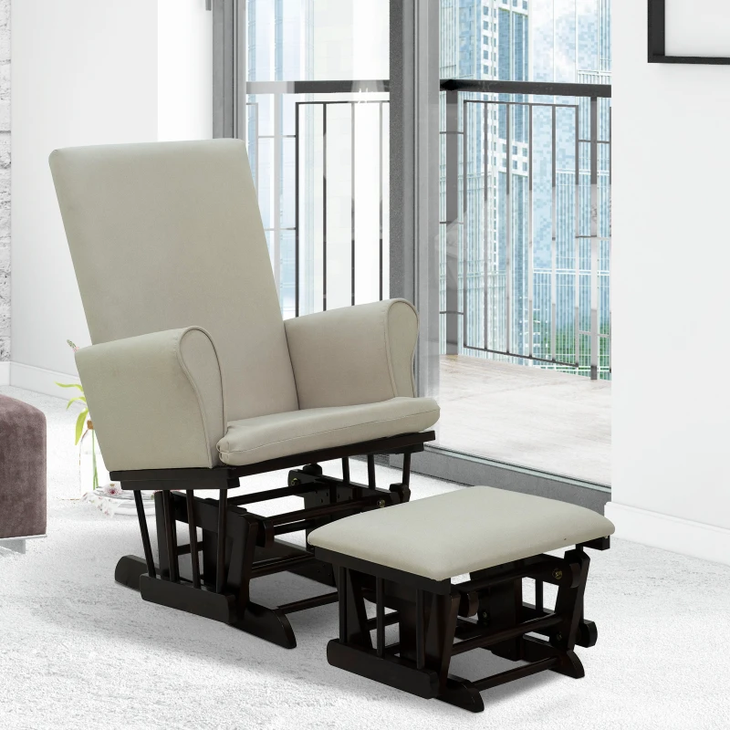 HomCom 2 Piece Rubberwood Linen Glider Rocking Chair with Ottoman Set - Cream White