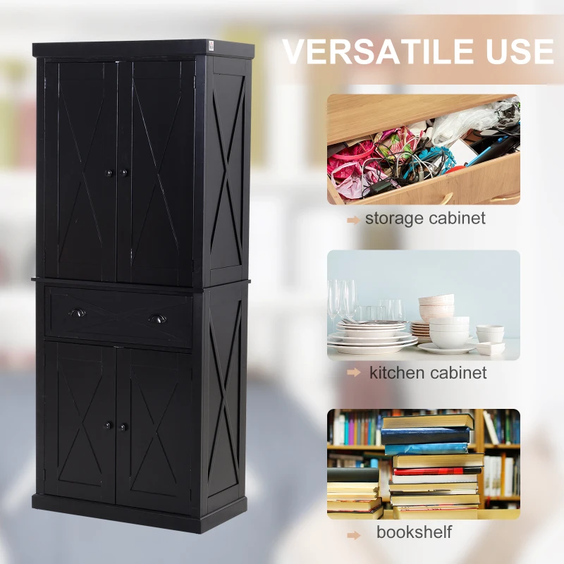 HOMCOM 5ft Tall Wood Kitchen Storage Cabinet with Adjustable Shelves, 2 Wood Pantries, Drawer and Sturdy Design - Black