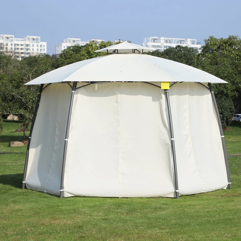Outsunny 12' x 9' Steel Outdoor Hexagon Gazebo Pavilion Canopy Tent with Curtains - Cream White