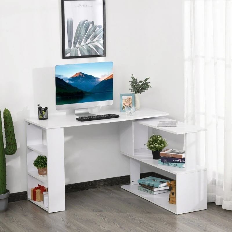 HomCom 360° Rotating Home Office Corner Desk and Storage Shelf Combo L-Shaped Table Workstation - White