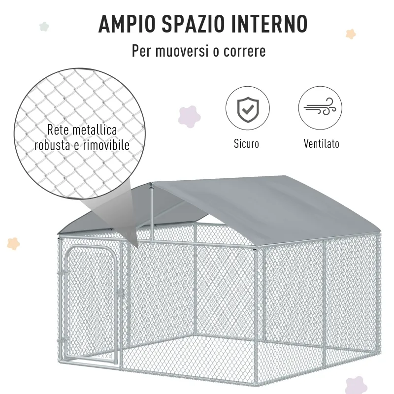 PawHut Large Outdoor Dog Kennel Galvanized Steel Chain Link Fence with Oxford Cloth Roof and Lock - Silver
